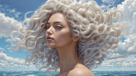 Beautiful woman with white hair against the sky.の素材
