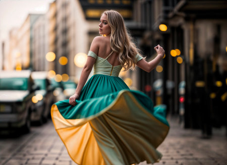 Beautiful woman in a dress on the background of the cityscapeの素材