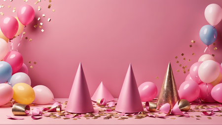 3d render of birthday party background with balloons and confetti.の素材