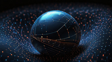 sphere with lines and dots on a dark background, quantum wave trackingの素材