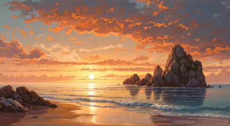 Seascape on sunset backgroundの素材