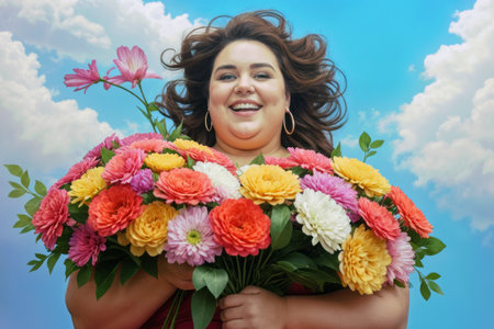 Smiling plump woman with bouquet of flowersの素材