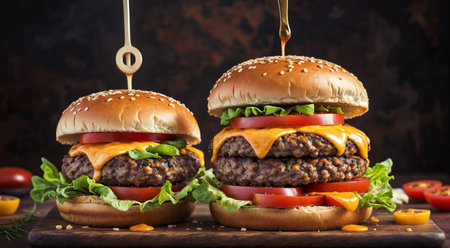 Cheese burger - American cheese burger with fresh vegetables on wooden backgroundの素材