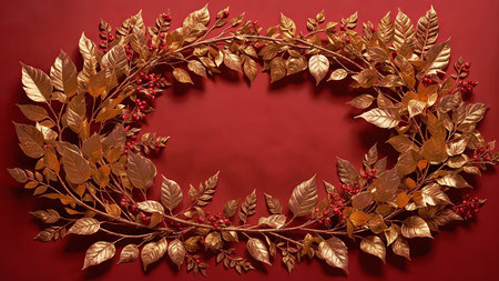 Golden wreath on red background. A.I.の素材