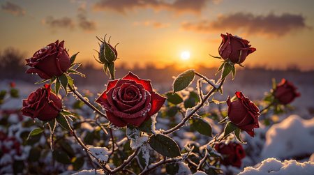 Landscape with roses in the snow. A.I.の素材