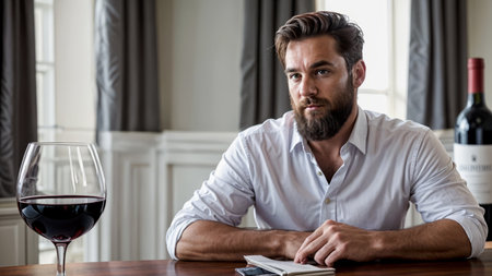 Man with beard and glass of wineの素材