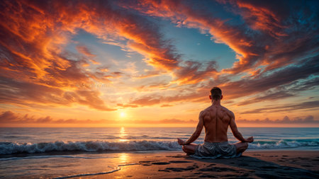Man meditating on sunset backgroundの素材