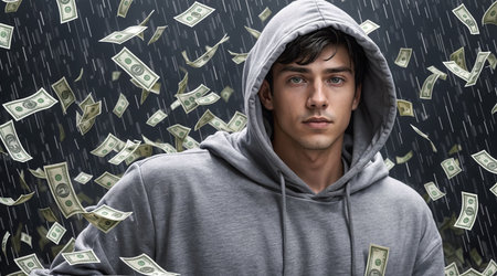 Portrait of a young man with a rain of moneyの素材