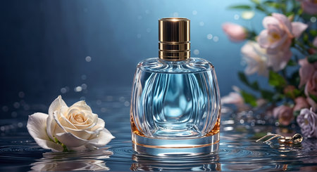 Transparent bottle on blue background. A.I.の素材