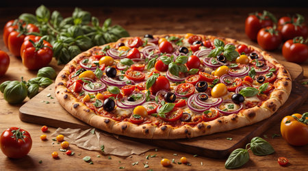 Pizza on a wooden boardの素材