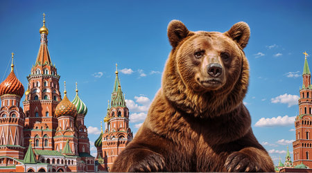 Portrait of a brown bear against the background of Moscow. A.I.の素材