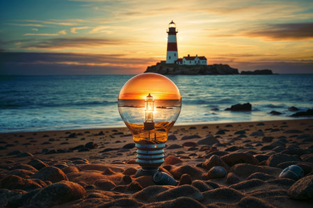 Lamp light on the background of the lighthouse and the seaの素材