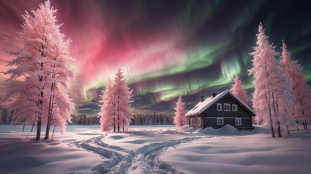 Winter landscape with wooden house and northern lightsの素材