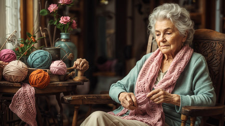 Senior woman sitting in armchairの素材