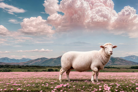 Portrait of a white sheep on the background of a landscapeの素材