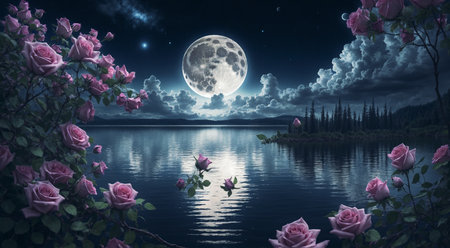 Night landscape with big moonの素材