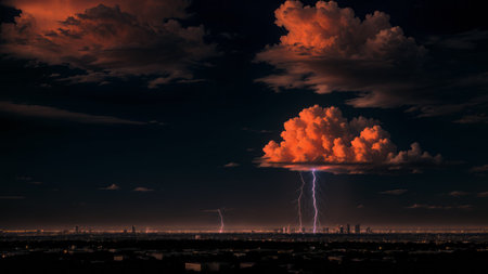 Night landscape with pink clouds and lightningの素材