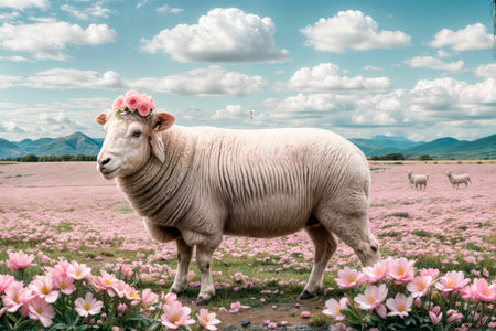 Portrait of a white sheep on the background of a landscapeの素材