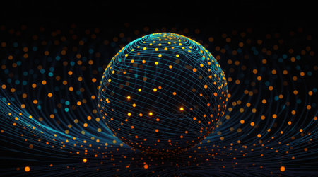 sphere with lines and dots on a dark background, quantum wave trackingの素材