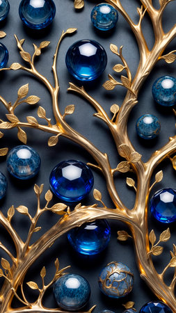 Abstract background with golden branches and blue spheresの素材