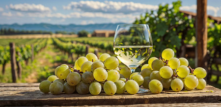 Wine and grapes overlooking the vineyardの素材