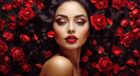 Portrait of a woman with red rosesの素材