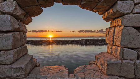 Stone window overlooking the seascapeの素材