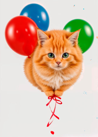 Ginger kitten with ear balls on white backgroundの素材