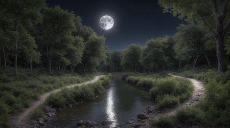 Night landscape with big moonの素材