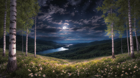 Night landscape with big moonの素材