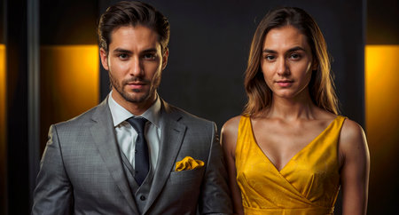 Man and woman on gray wall backgroundの素材