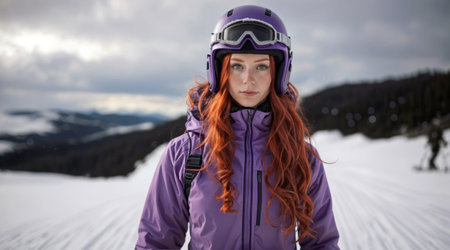 Portrait of a red-haired woman in a ski suitの素材