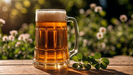 Large mug of beer on clover backgroundの素材