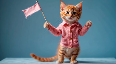 Cute ginger kitten with pink flagの素材