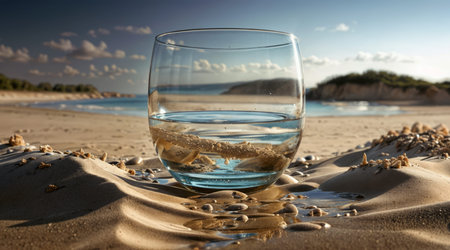 Glass glass with water on the background of the seaの素材