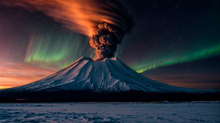Volcanic eruption on the background of the night skyの素材
