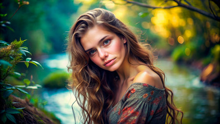 Beautiful woman on the background of natureの素材