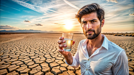 Man drinking water on desert backgroundの素材