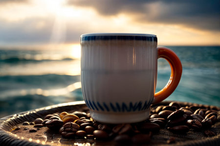 Coffee mug on the background of the seaの素材