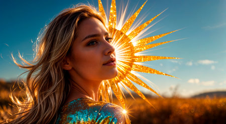 Beautiful young blonde woman on the background of the skyの素材