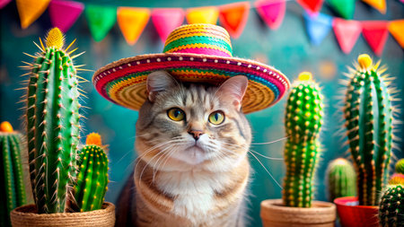 Cat in sombrero on the background of cactiの素材