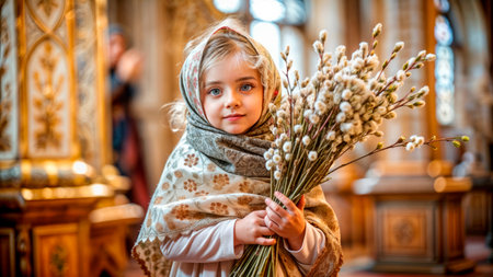 Cute curly girl with flowers in Russian churchの素材