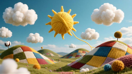 A whimsical landscape featuring rolling hills covered in colorful knitted patterns and a bright, yarn-like sun.の素材