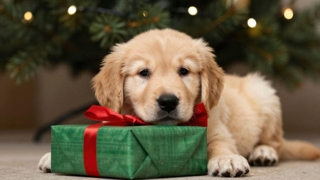 A cute golden retriever puppy lays next to a wrapped present under a Christmas tree.の素材