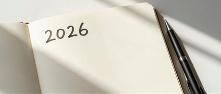 A blank notebook page features the year 2026, inviting future plans and ideas.の素材