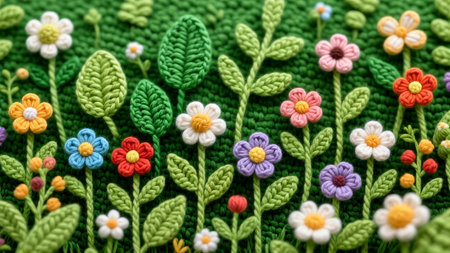 This image showcases intricate floral embroidery featuring colorful flowers and leaves on a lush green background.の素材