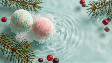Two vibrant bath bombs float in soothing water, surrounded by evergreen branches and red berries.の素材