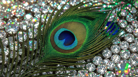 A close-up shot of a vibrant peacock feather resting on a bed of sparkling diamonds. The iridescent colors of the feather contrast beautifully with the brilliant facets of the gemstones, creating a luxurious and eye-catching composition. Generative AI.の素材