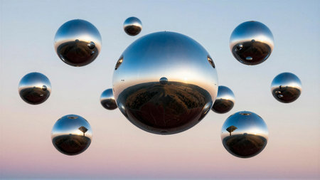 A captivating arrangement of reflective spheres suspended in the air, set against a serene sunset backdrop.の素材
