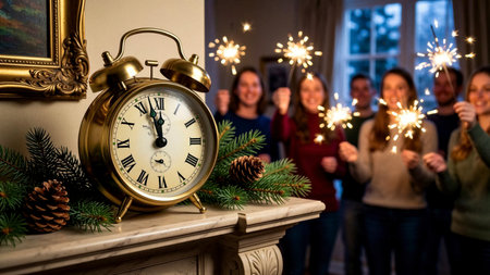 A festive New Year's gathering of friends enjoying sparklers alongside a vintage clock on the mantel.の素材